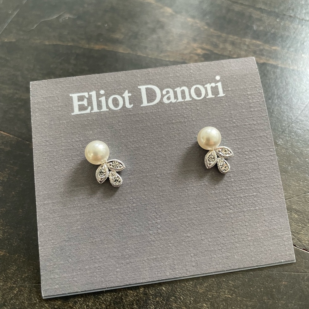 Eliot Danori Pearl Stud Earrings with Crystal Leaf Accents - White & Silver